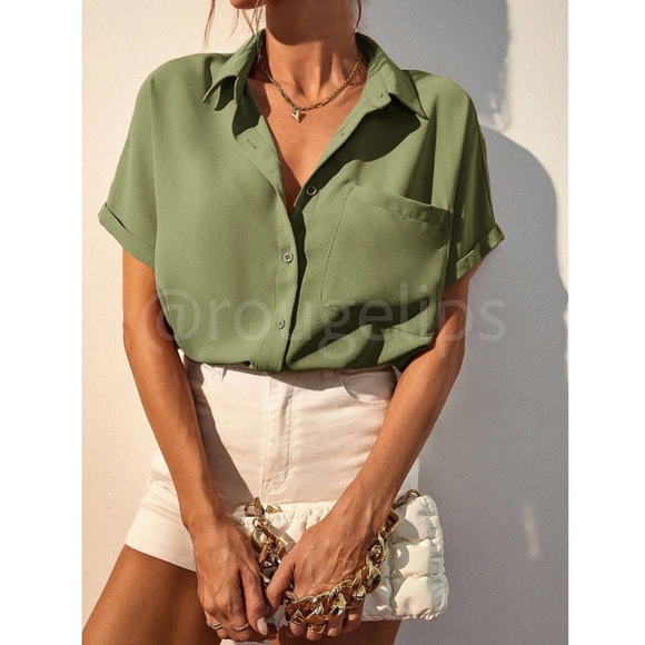 Green Casual Button Up / Down Shirt Collar, V-Neck Button Front - Picture 3 of 15